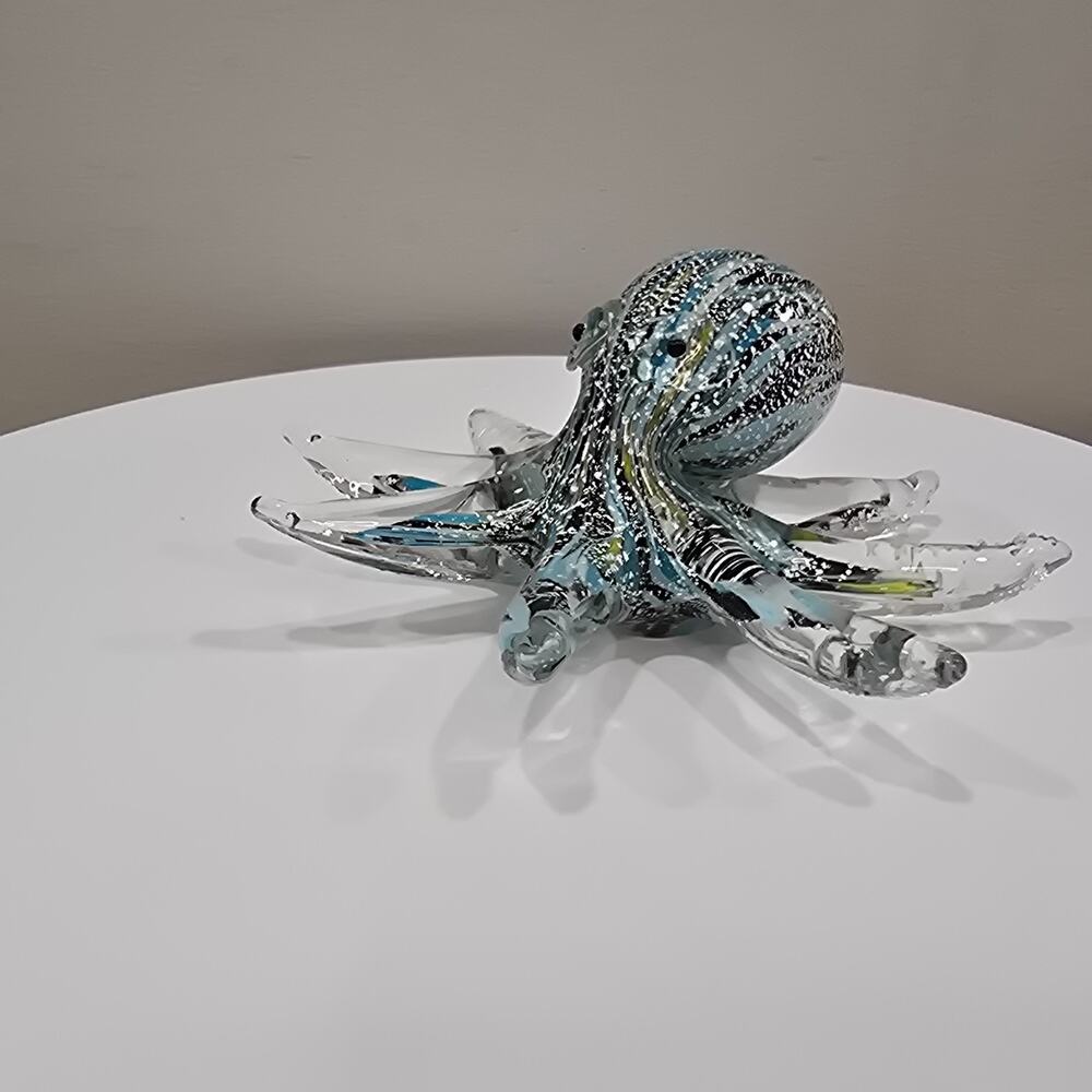 Venetian Style Art Glass Blue Black Octopus Paperweight Figurine Beachcore Decor